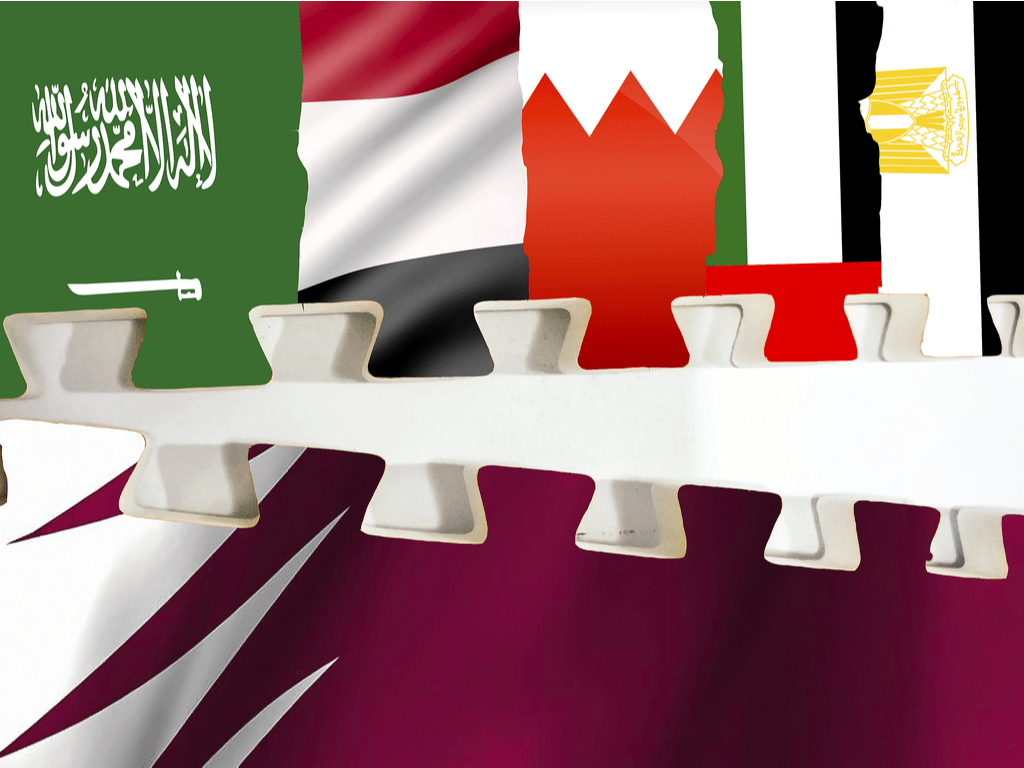 Concept image of few Gulf cooperation countries cutting ties with Qatar. Image of flags of Saudi Arabia, UAE, Bahrain, Egypt and Yemen under one group being separated Qatar flag.